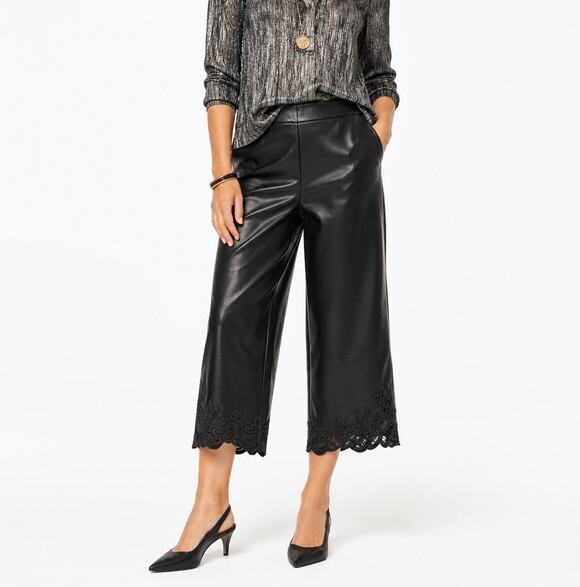 Chico's Pants - Chico’s Black Faux Leather Cropped Trousers Lace Hem Wide Leg Pants 10 Petite
